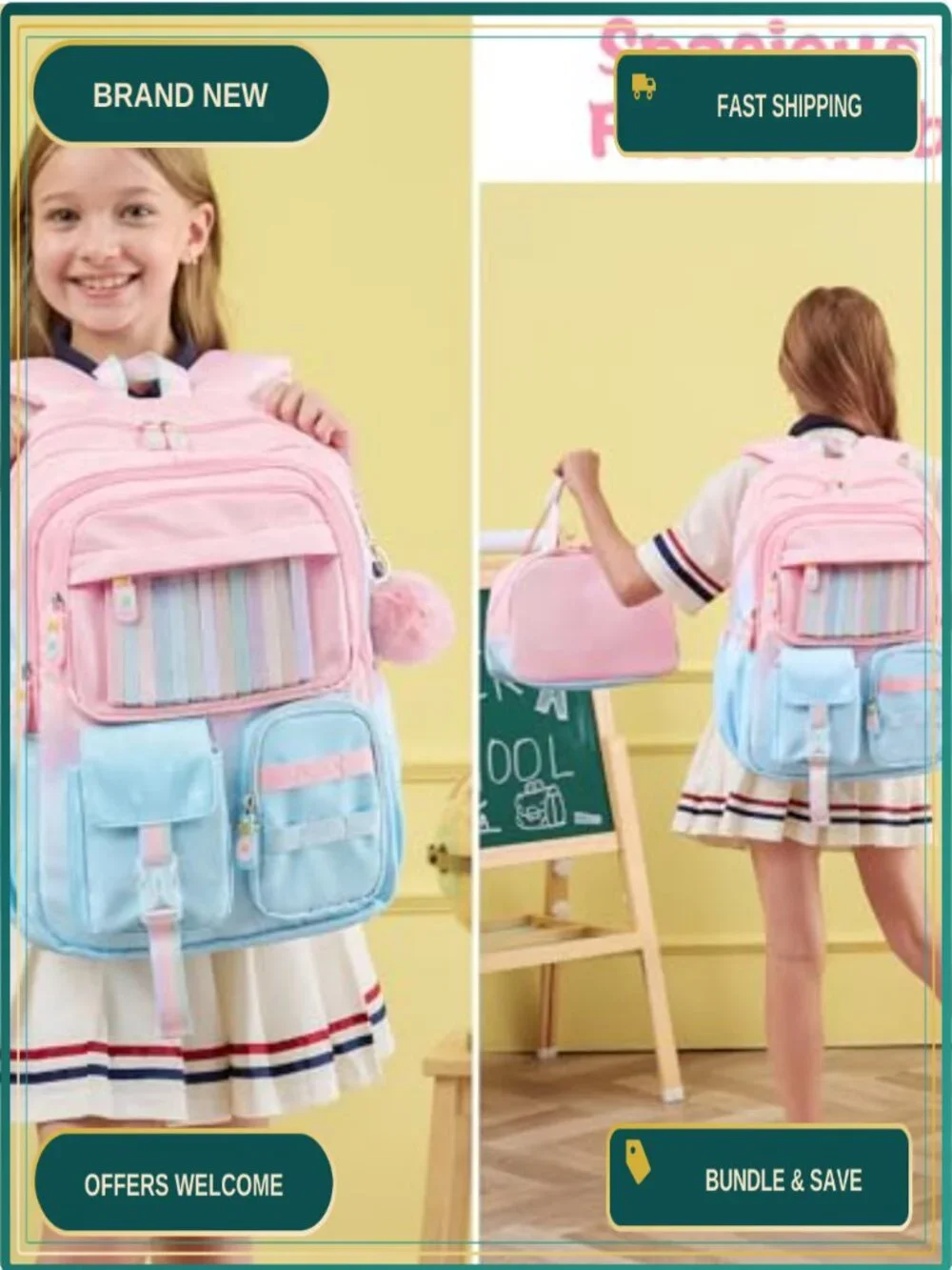 Girls Waterproof Backpack Set with Lunch Box & Pencil Case, 3 Pieces, Padded